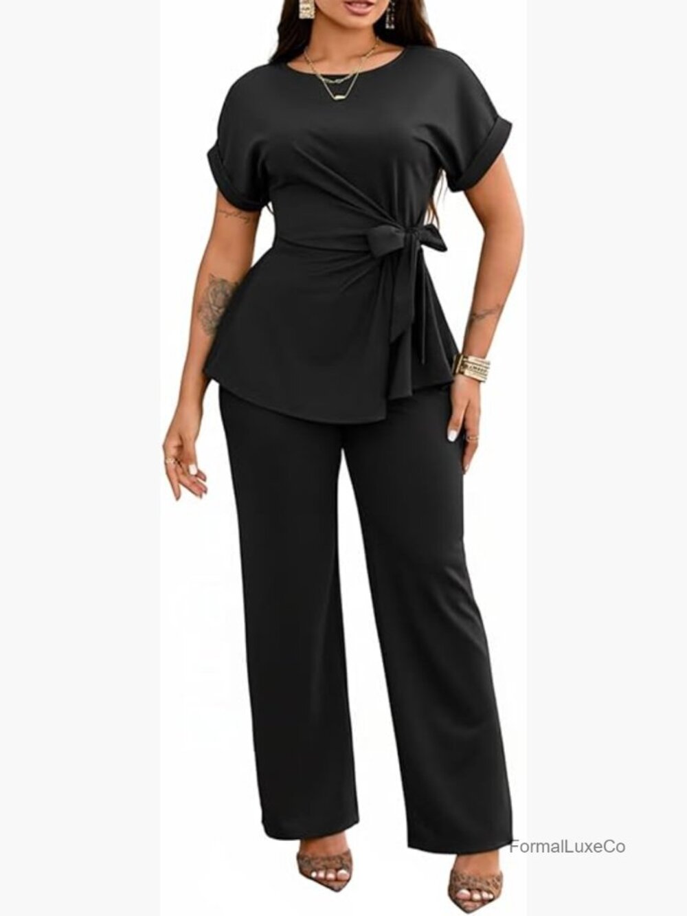 2 Piece Outfits Peplum Top Flared Pant Business Suit Set Dressy Pantsuits